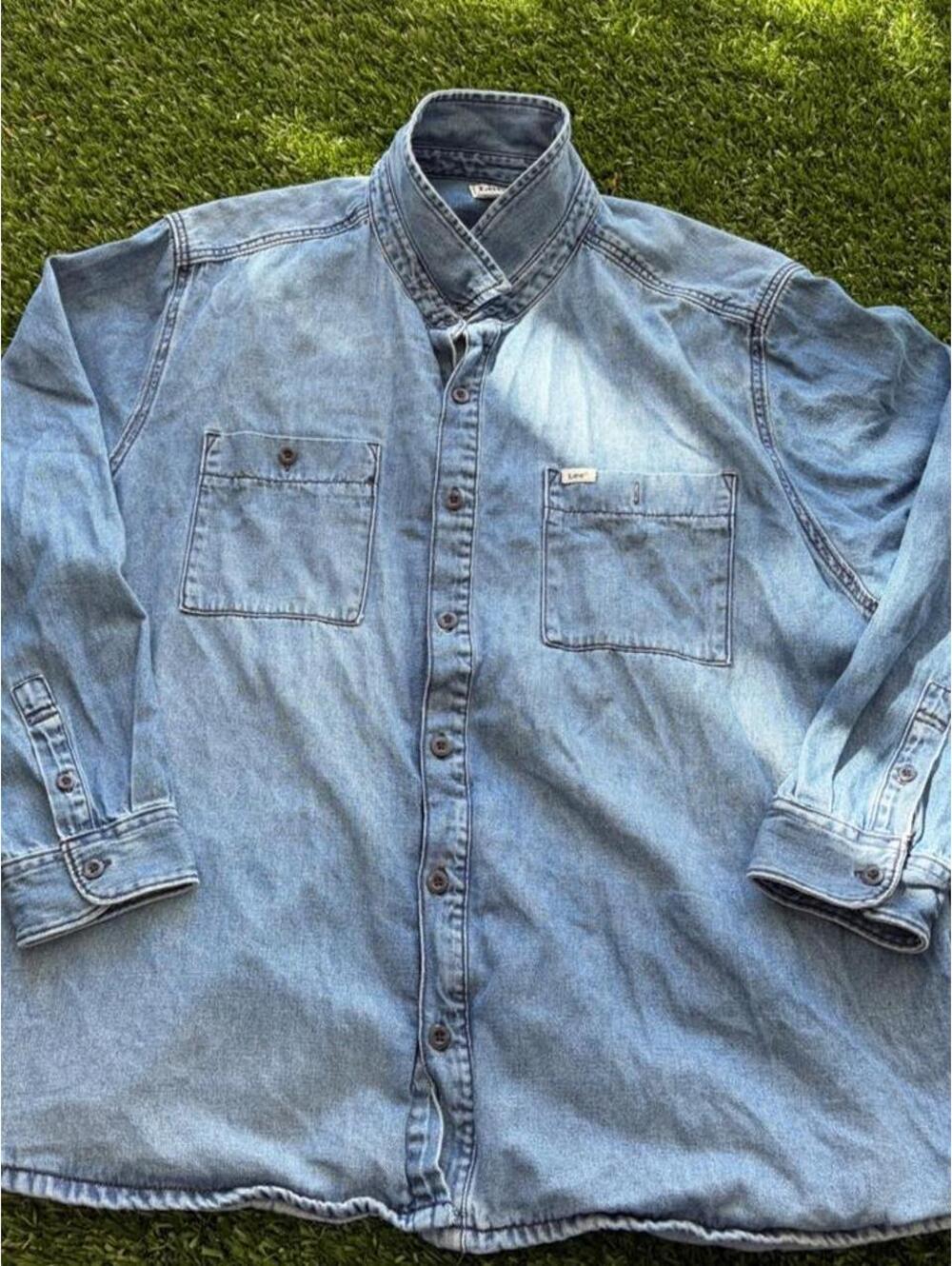 Vintage Lee Men's Blue Denim Work Shirt Button-Up XXL